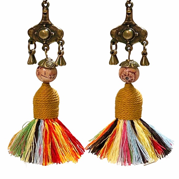 Boho Tassel Earrings . Multicolor Fringe . Tribal Brass . Statement Dangle - Picture 3 of 4